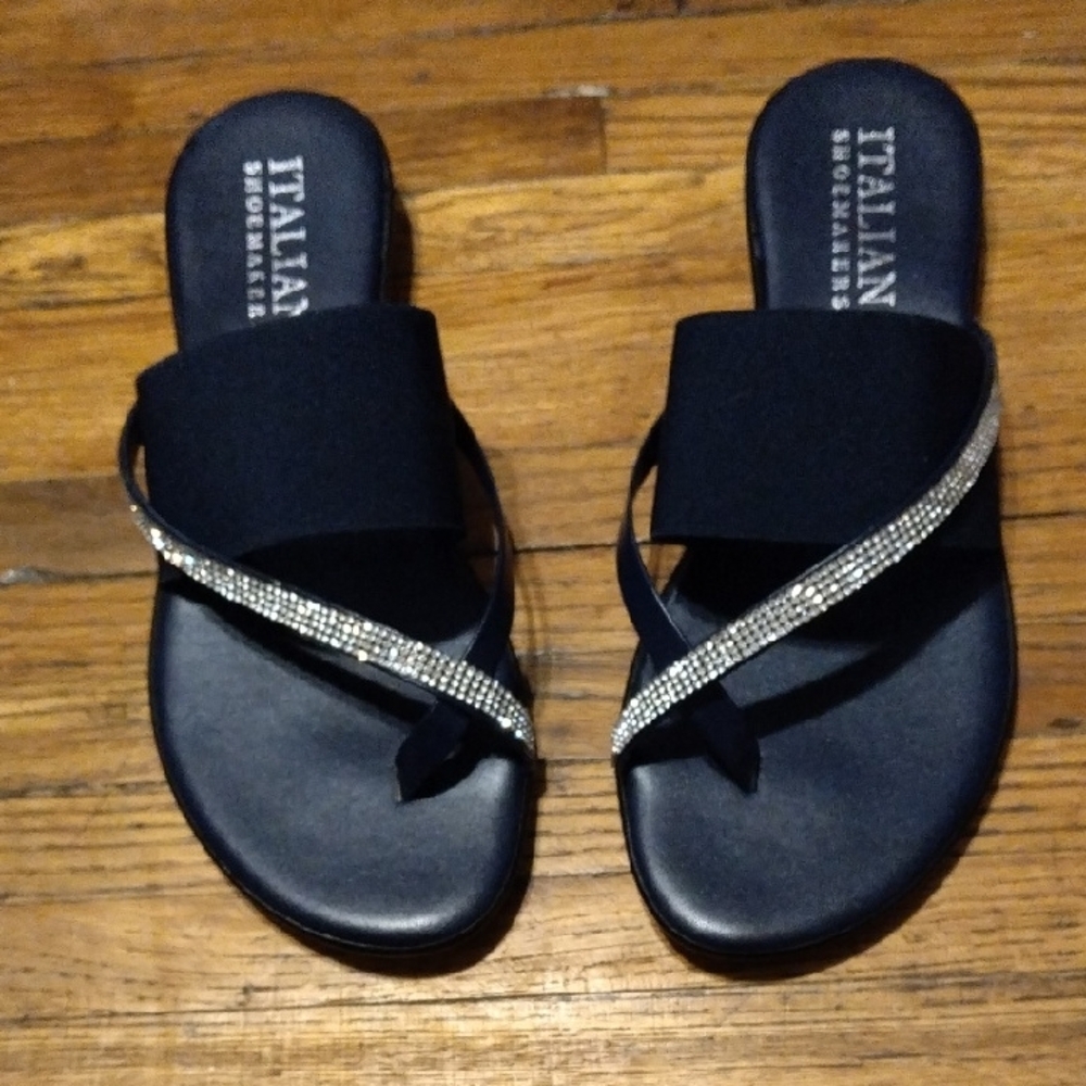 Italian Shoemakers Navy blue and Silver Sandals with Rhinestone Embellishments
